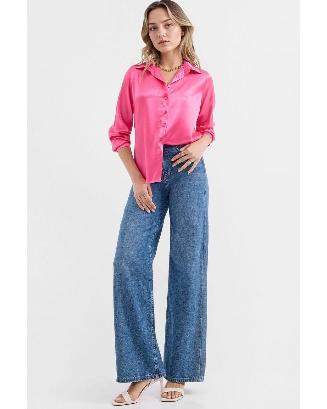 Bigdart Pink Satin Long Sleeve Button Up Shirt