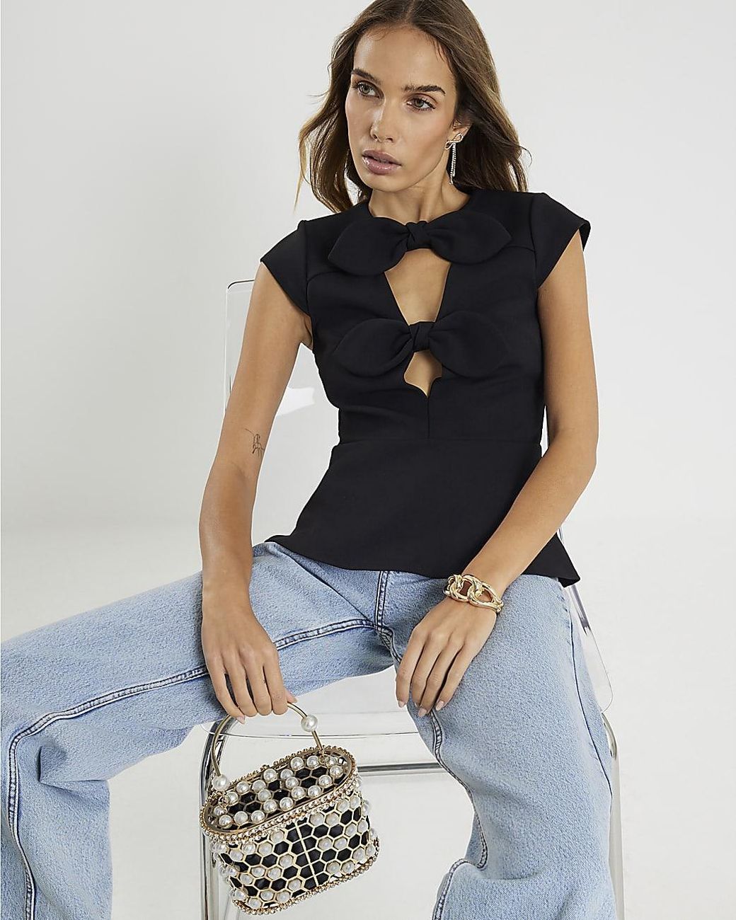 River Island Blue Top Plunge Neckline Bow