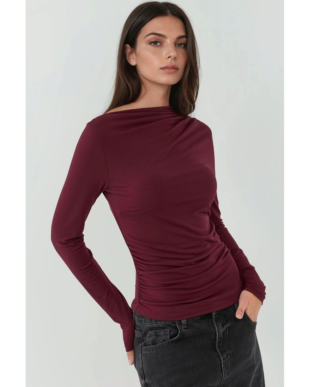Hiccup Red Boat Neck Blouse With Gathering Detail