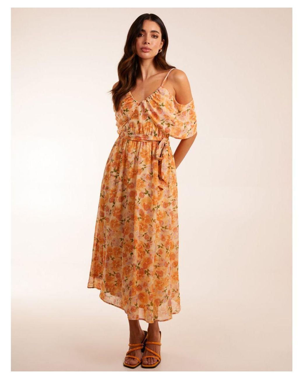 Blue Vanilla Brown Cold Shoulder Detail Chiffon Midi Dress
