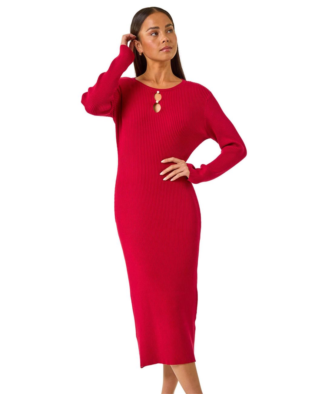 Roman Red Petite Faux Pearl Knitted Midi Dress
