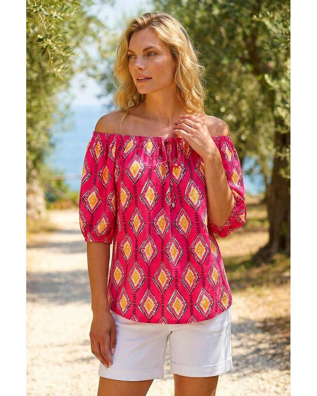 Roman Red Printed Bardot Tie Front Stretch Top