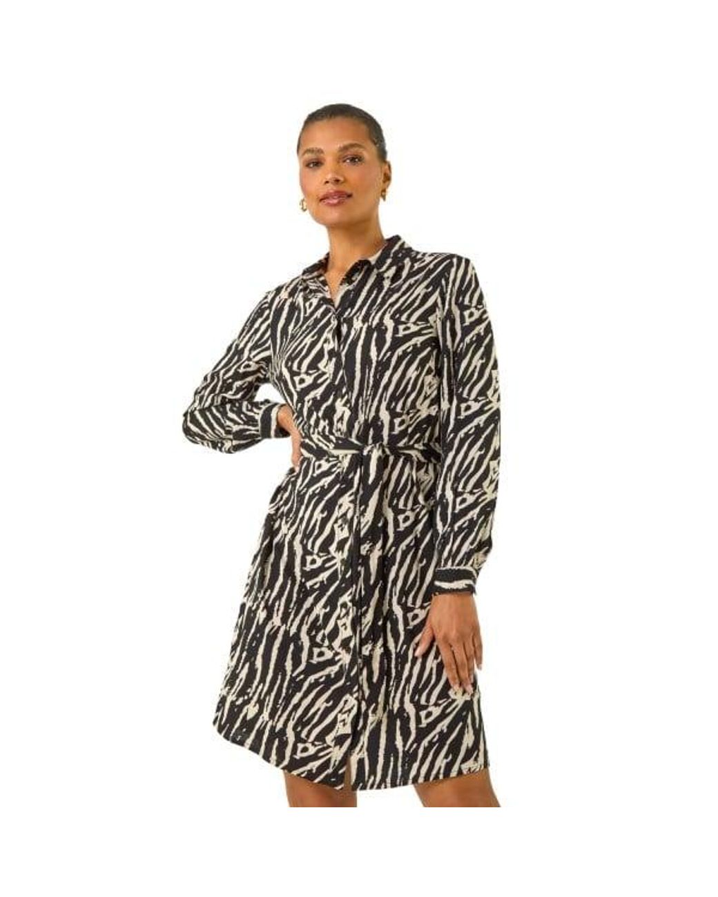 Roman Black Animal Print Tie Waist Dress