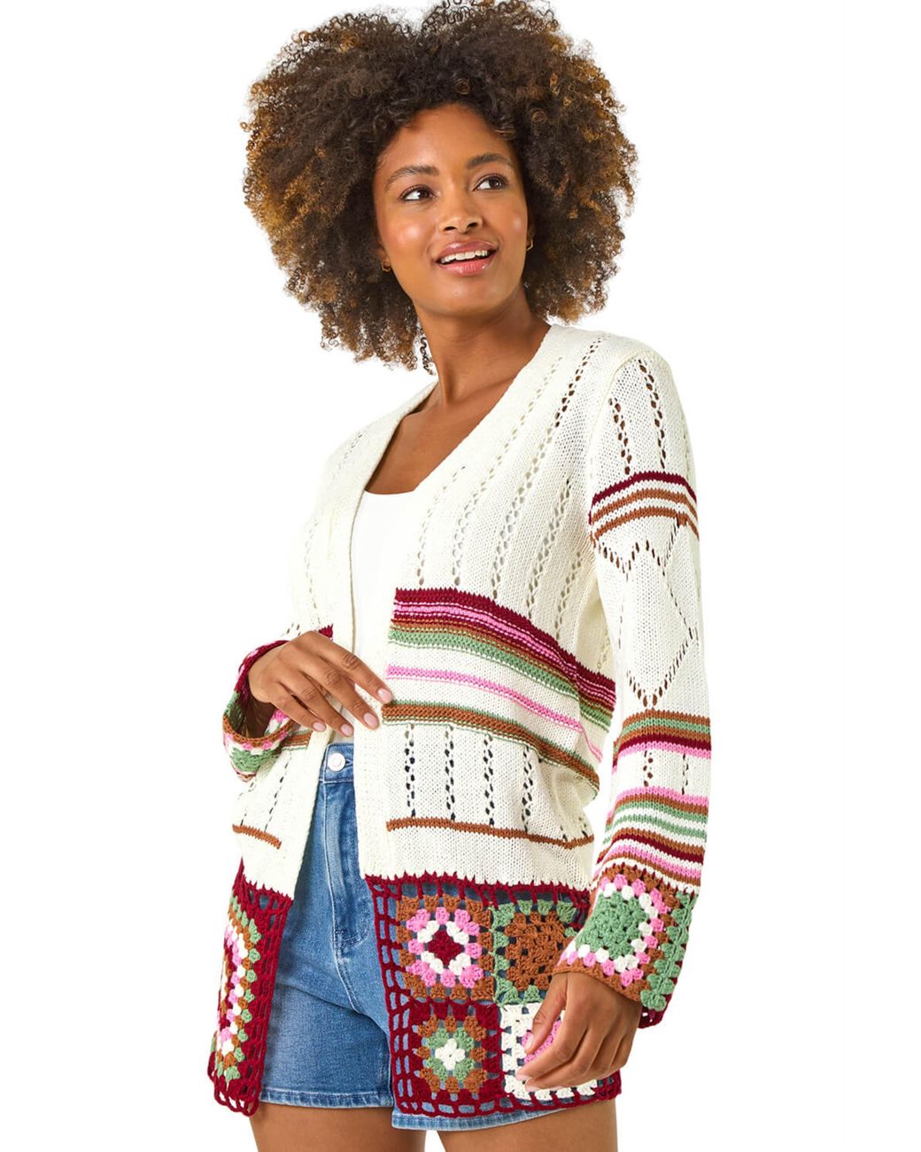 Roman White Edge Crochet Detail Knit Cardigan