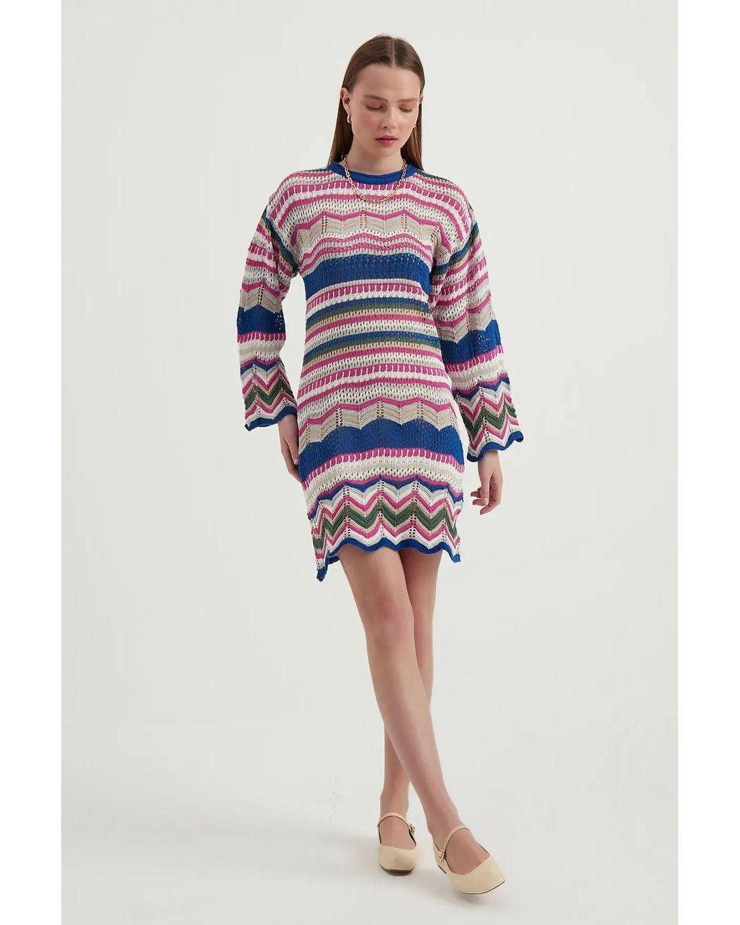 Hiccup Blue Geometric Crew Neck Crochet Bell Sleeves Mini Dress