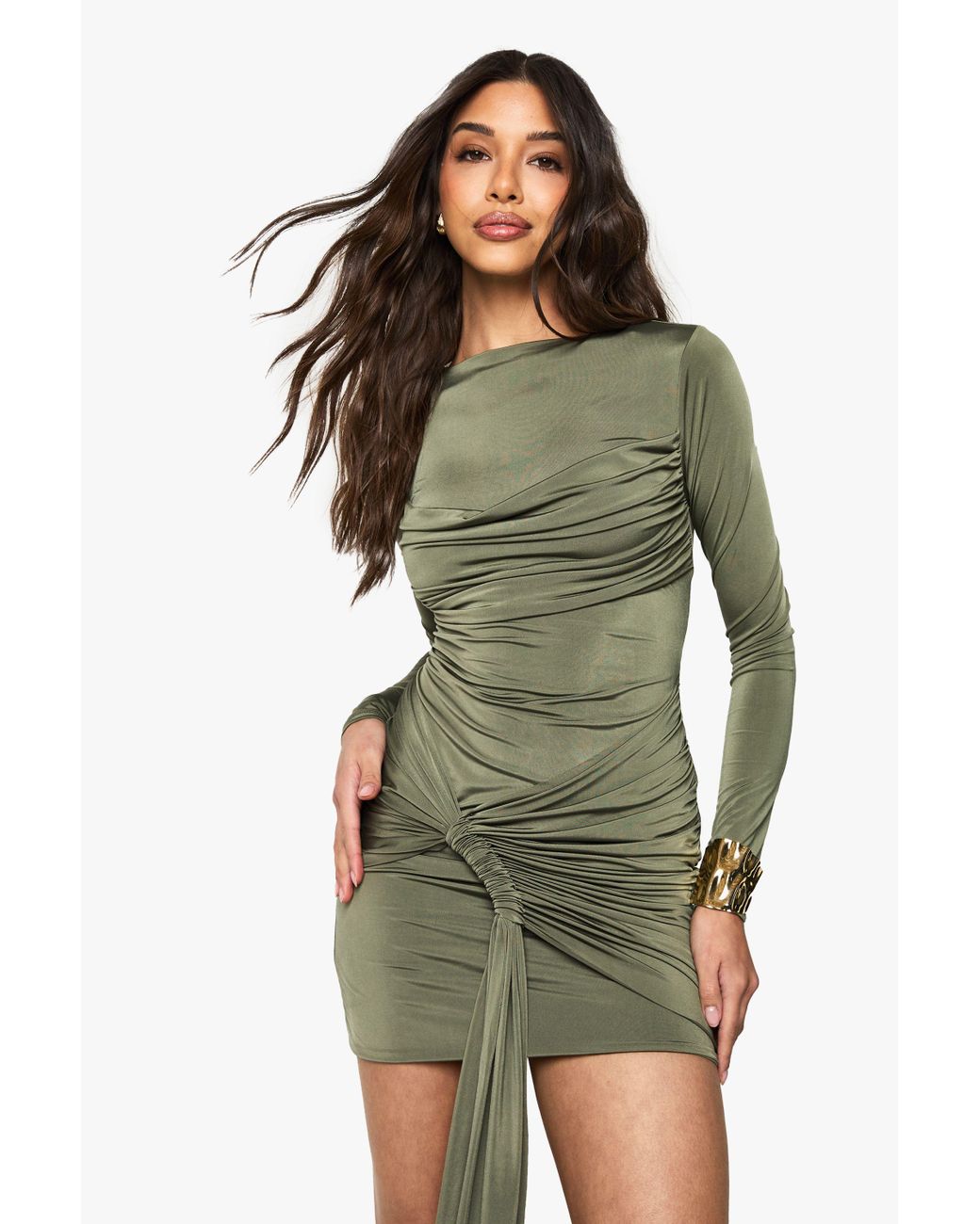 Boohoo Double Layer Slinky Drape Maxi Dress in Green | Lyst UK