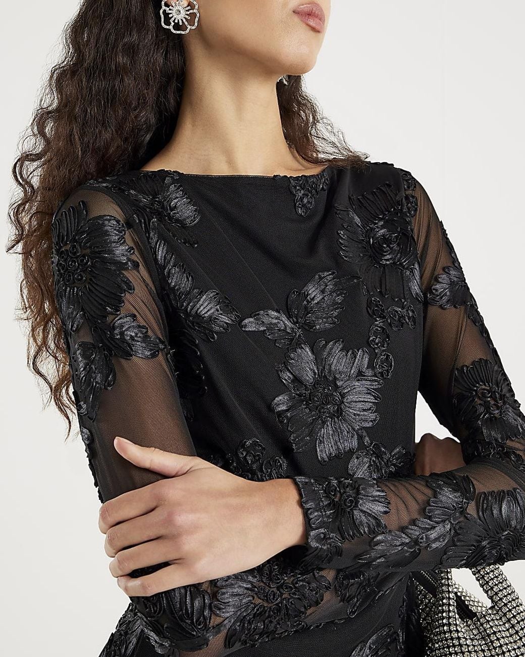 River Island Black Mini Dress Long Sleeve Cornelli