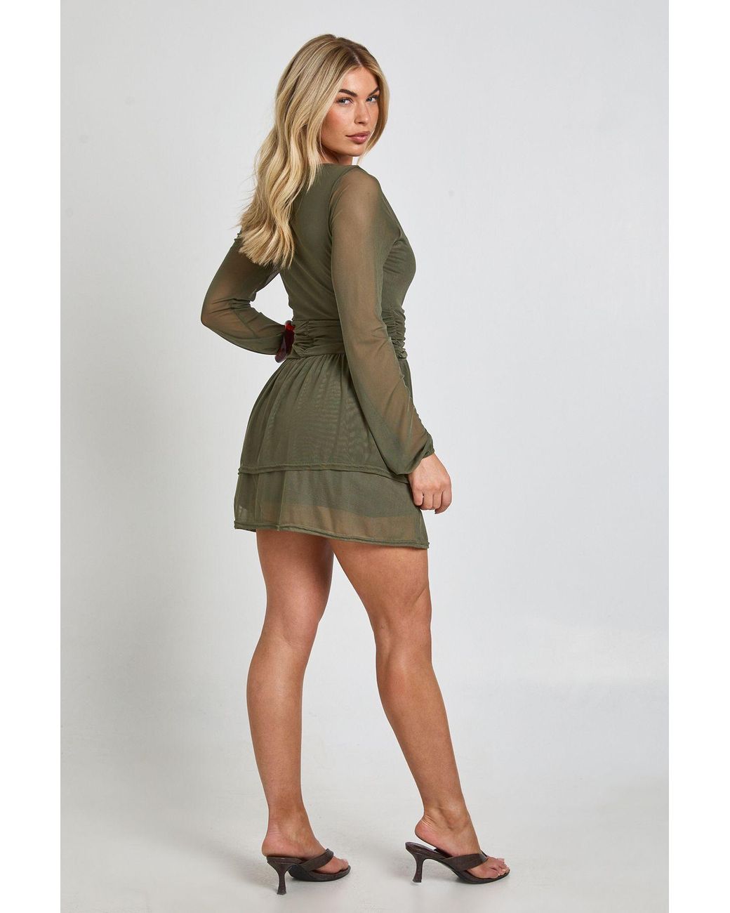 Boohoo Green Mesh Long Sleeve Ruched Waist Skater Dress