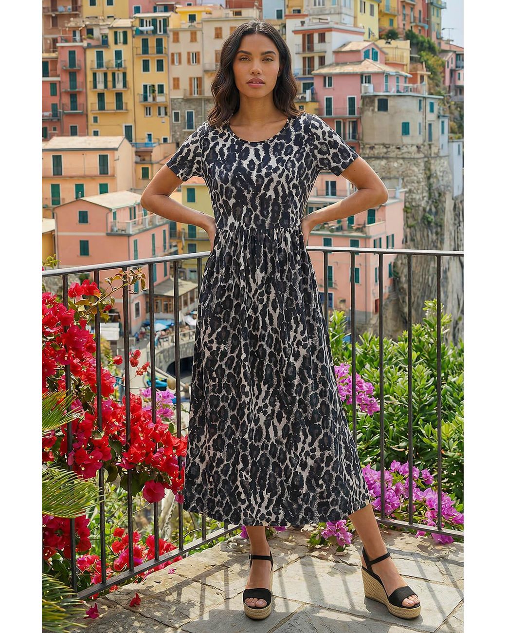 Roman White Animal Print Stretch Midi Dress