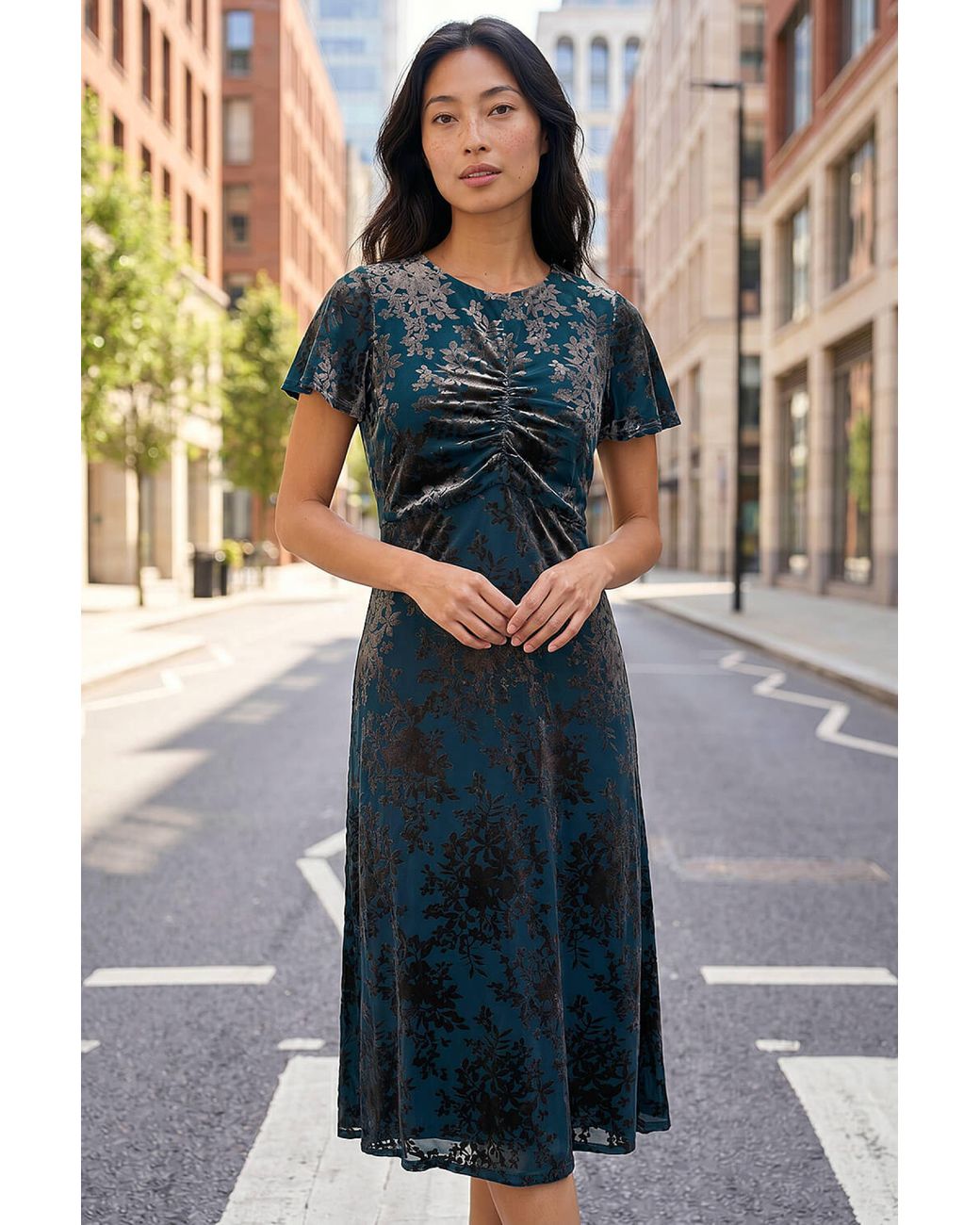 Roman Blue Petite Devore Midi Dress