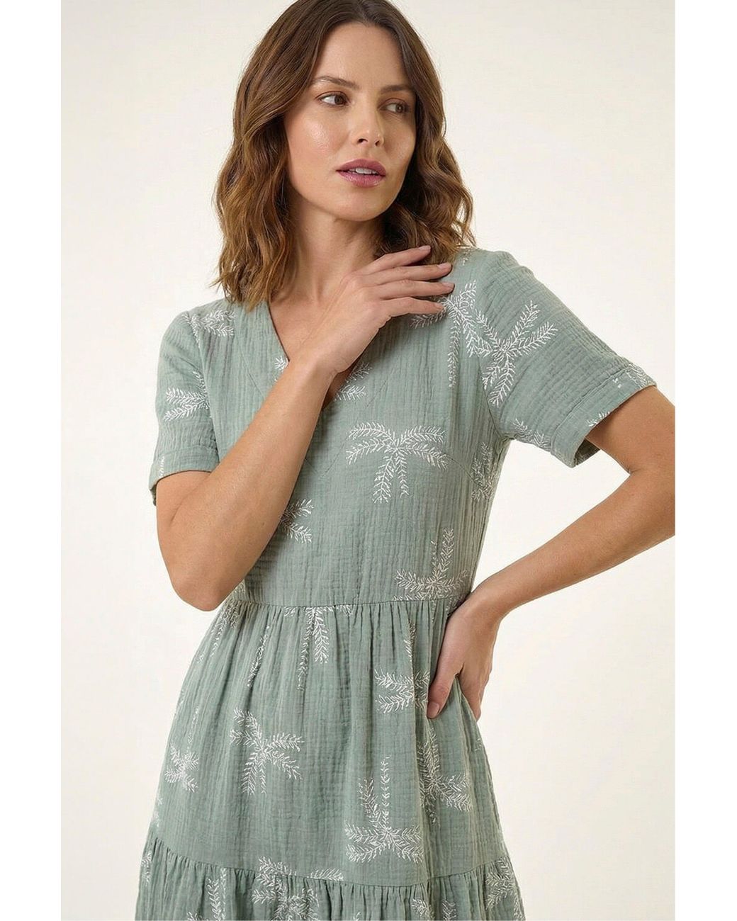 Roman Green Palm Print Textured Midi Dress