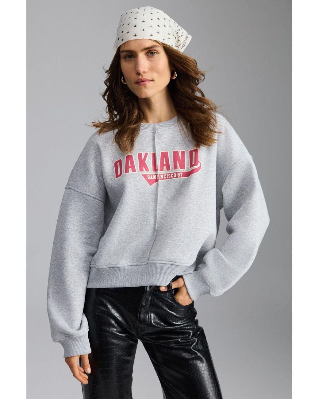 Grimelange Gray Oversized Printed Crew Neck Sweatshirt