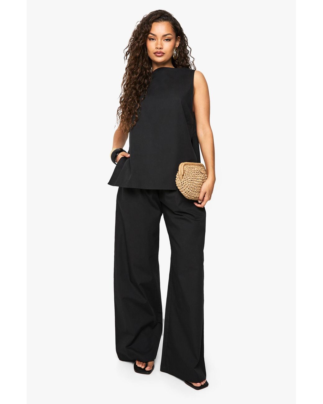 Boohoo Black Poplin Sleeveless Blouse & Wide Leg Trouser Co-Ord