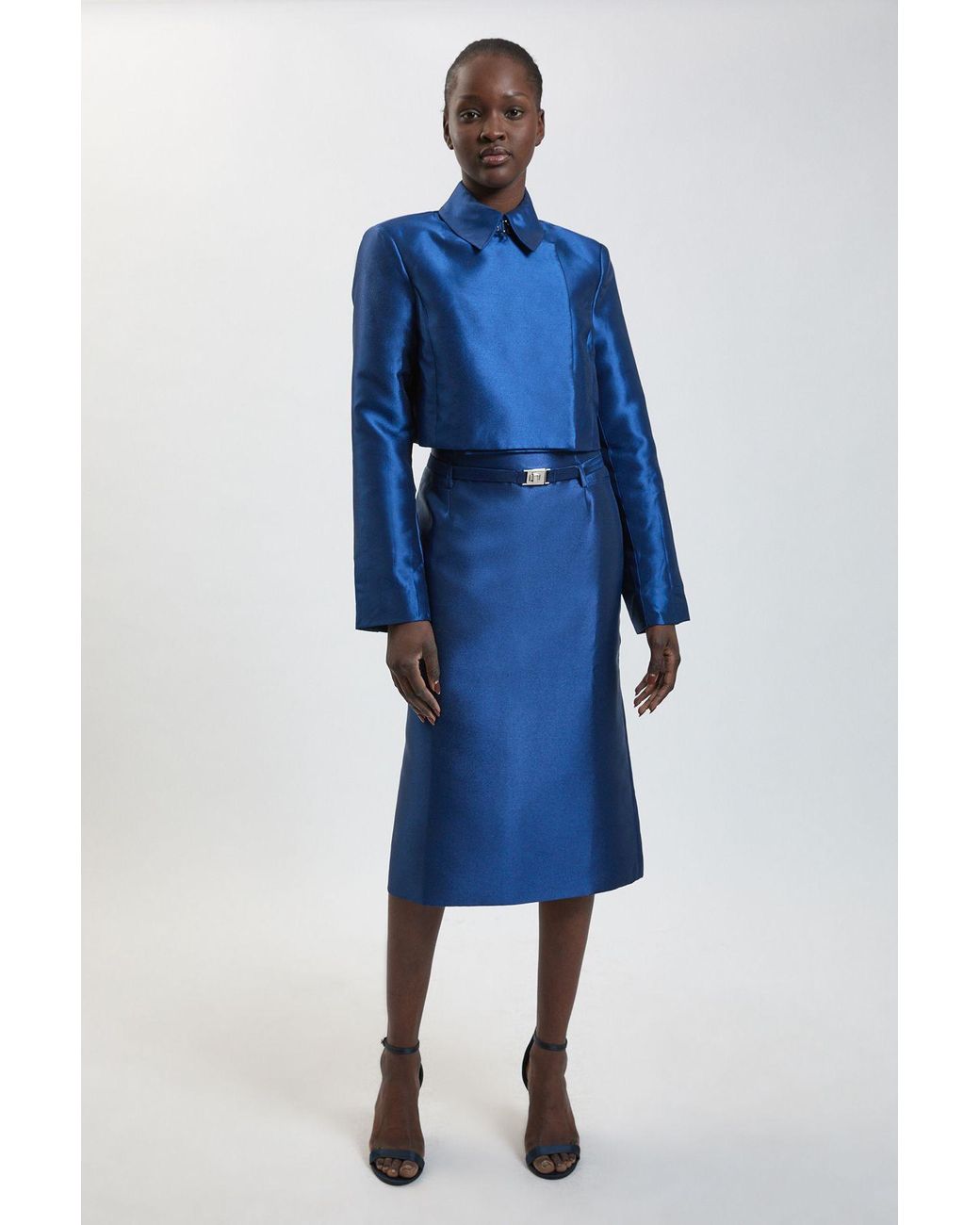 Karen Millen Blue Petite Forever Satin Twill Belted Tailored Midi Skirt