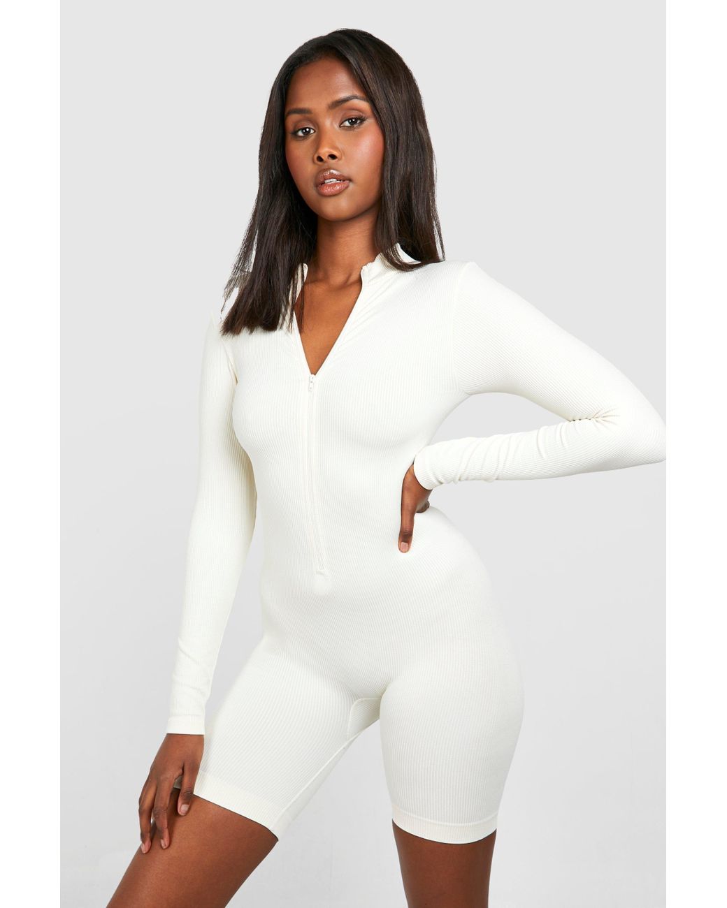 Boohoo Seamless Zip Up Short Unitard in White Lyst UK
