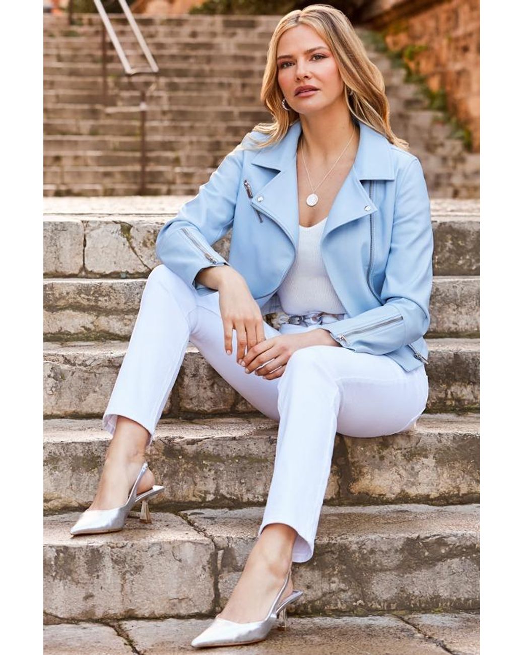 Sosandar Blue Soft Premium Faux Leather Biker Jacket