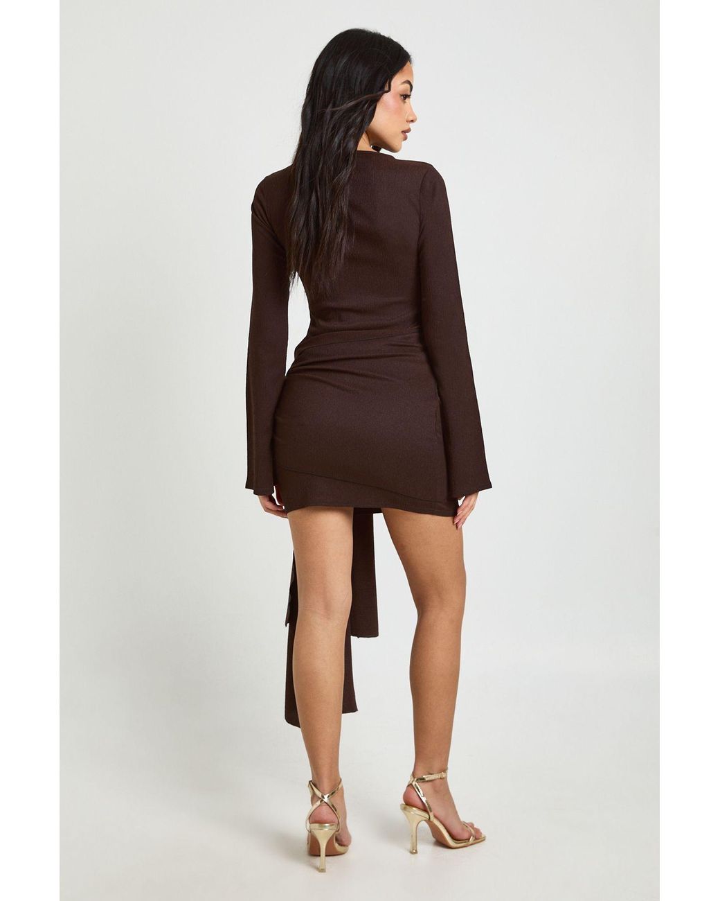 Boohoo Brown Texture Wrap Tie Front Mini Dress