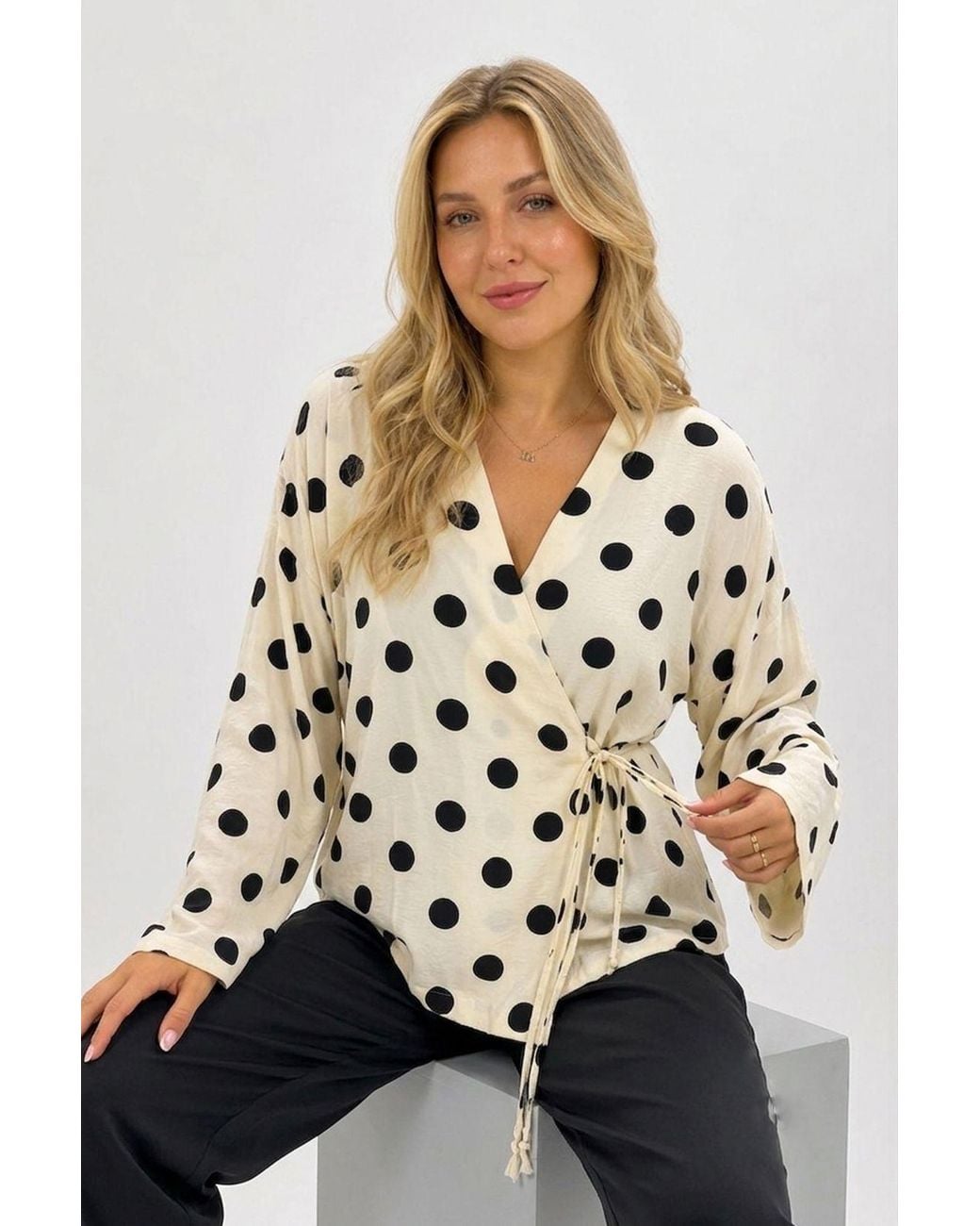 Bigdart White Polka Dot Wrap Blouse With Tie Detail
