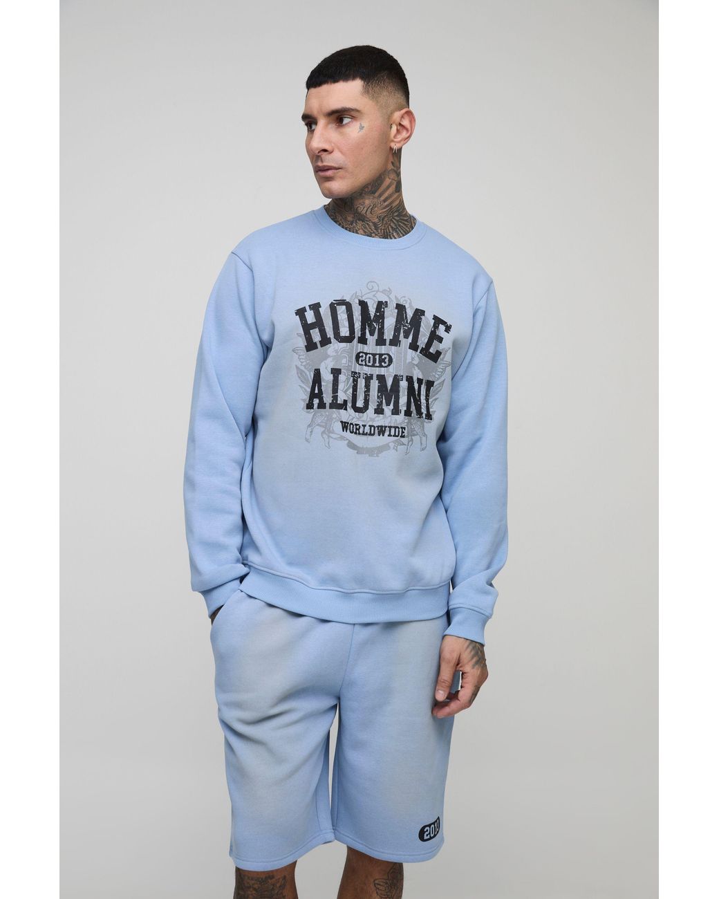 BoohooMAN Blue Tall Homme Spray Wash Sweatshirt Regular Fit & Jersey Short Set for men