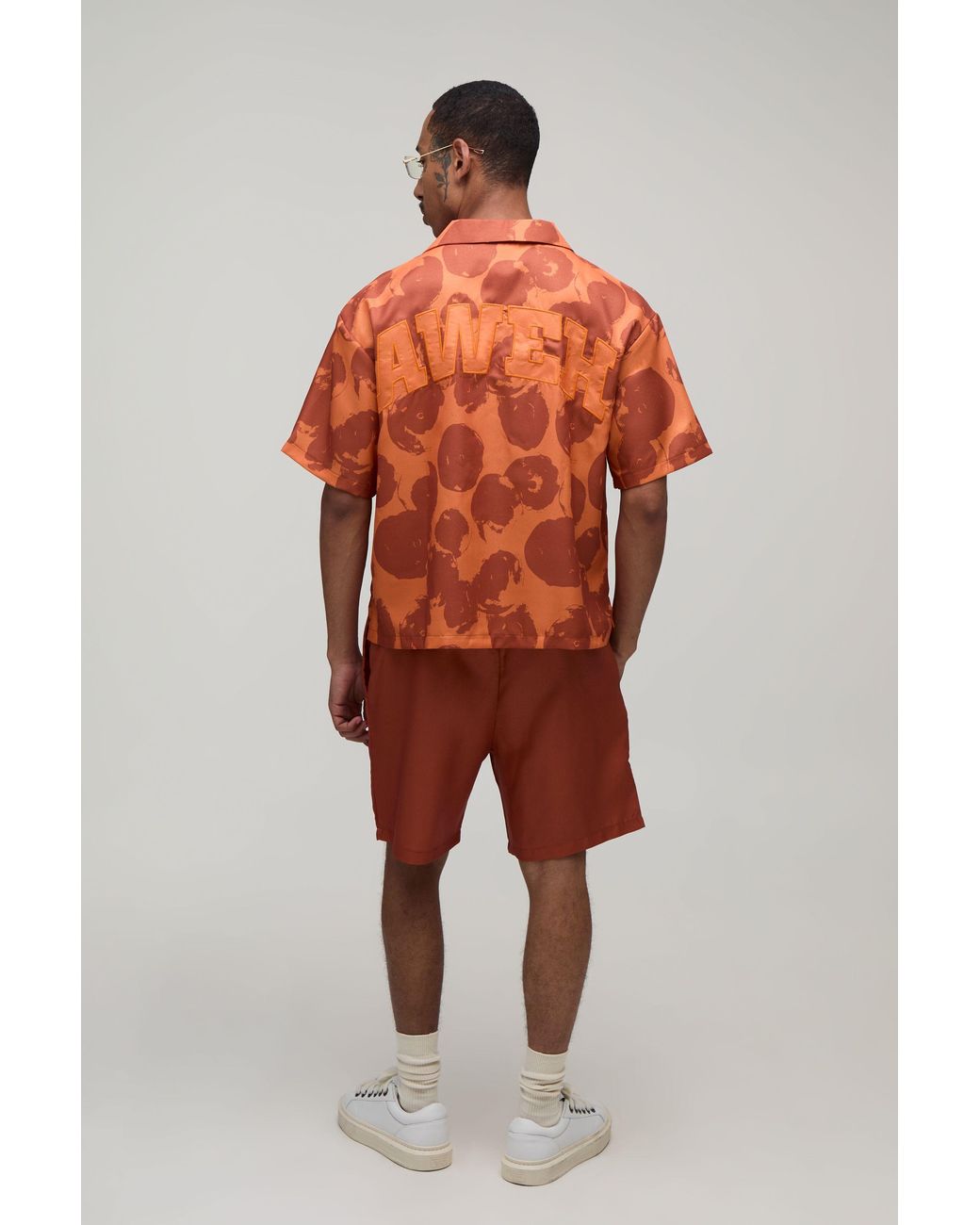 BoohooMAN Orange Oversized Boxy All Over Print Shirt & Short Set for men