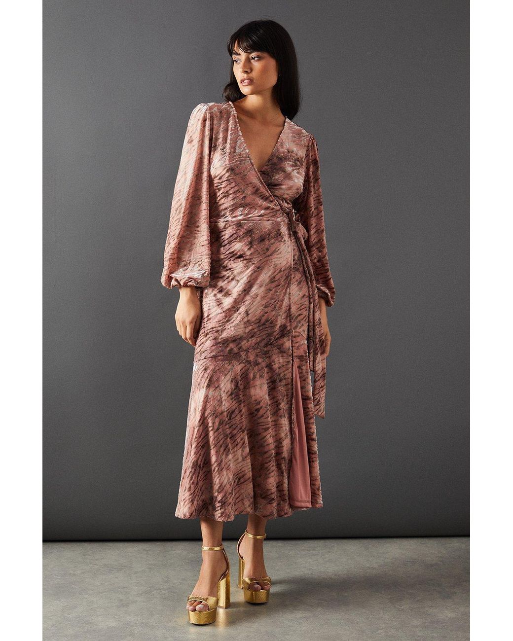 Warehouse Gray Zebra Devore Wrap Midi Dress