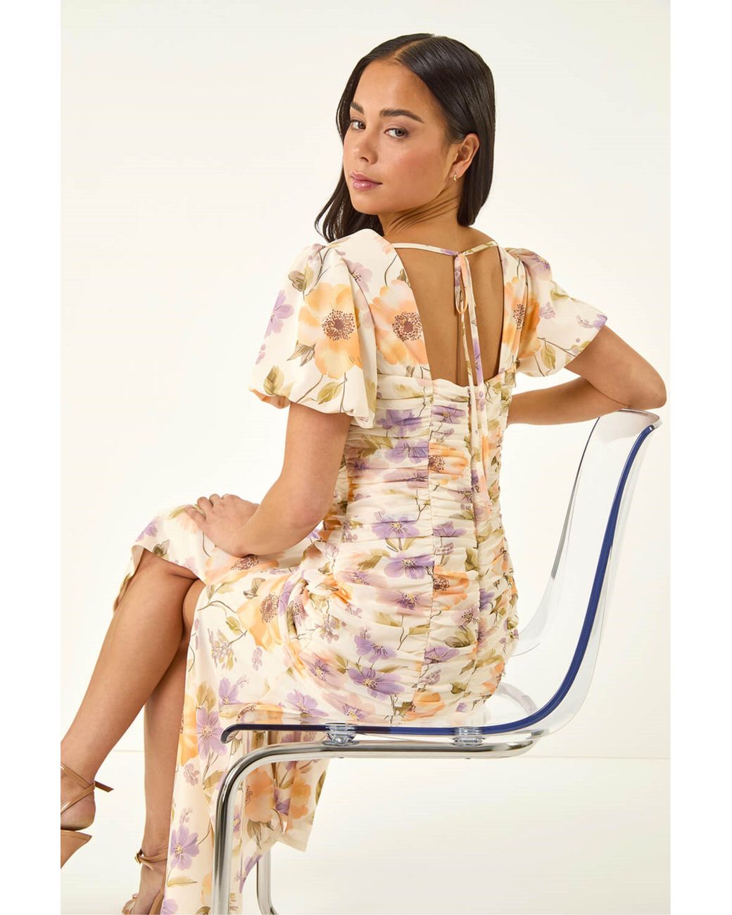 Roman Natural Petite Floral Ruched Stretch Midi Dress