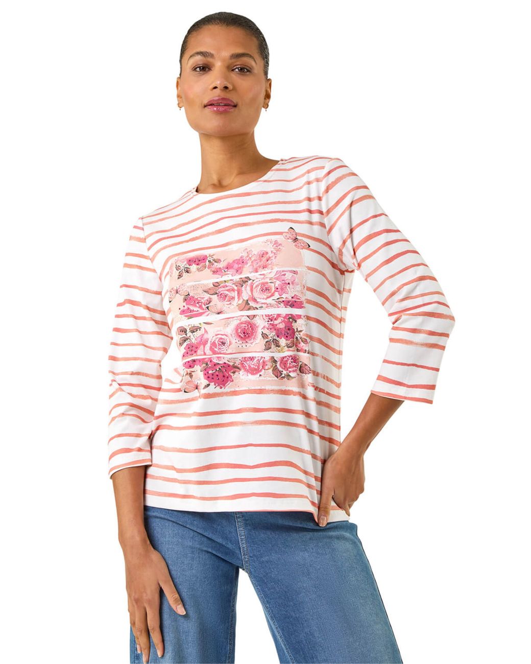 Roman Red Floral Embellished Stripe Top