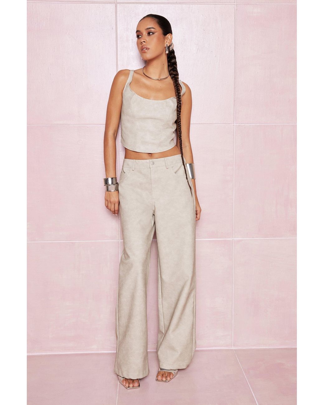 Boohoo Pink Washed Faux Leather Wide Leg Trousers