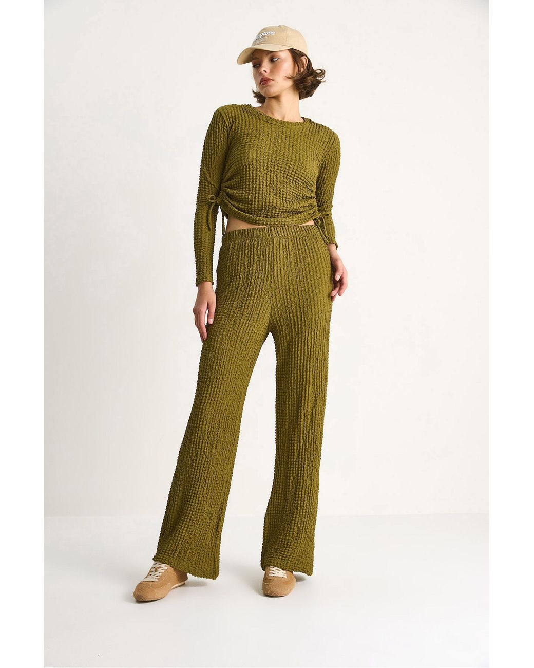 Bianco Lucci Green Fitted Two-Piece Coord Set With Flared Pants