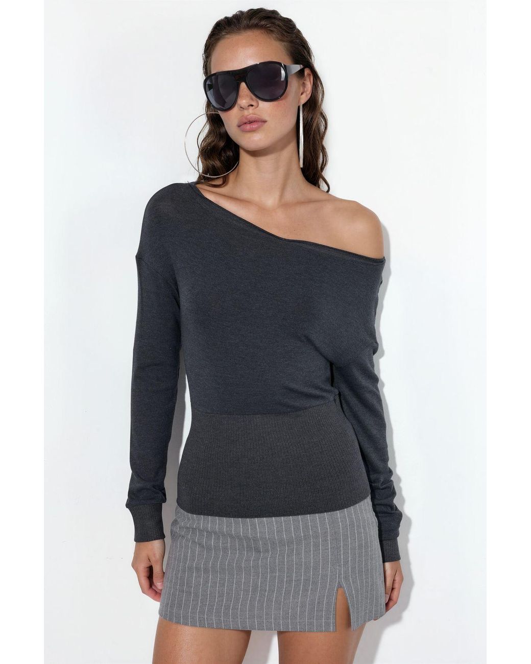 Busem Blue Cropped Ribbed Crew Neck Sweater