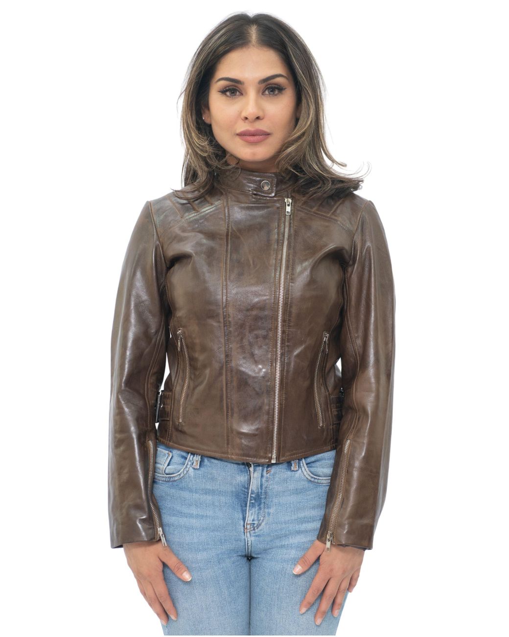 Infinity Leather Brown Biker Jacket-Celaya