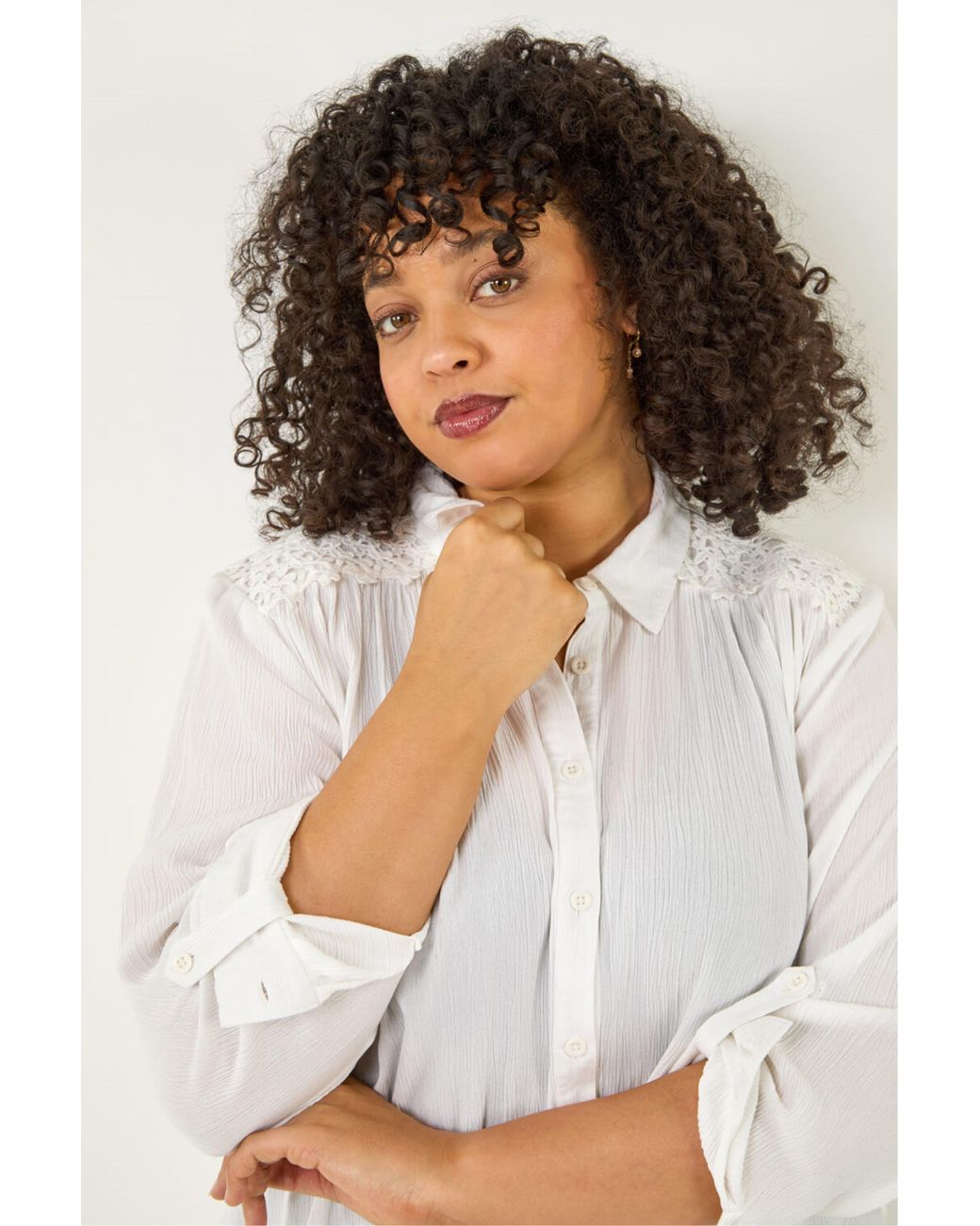 Roman White Curve Lace Detail Crinkle Blouse