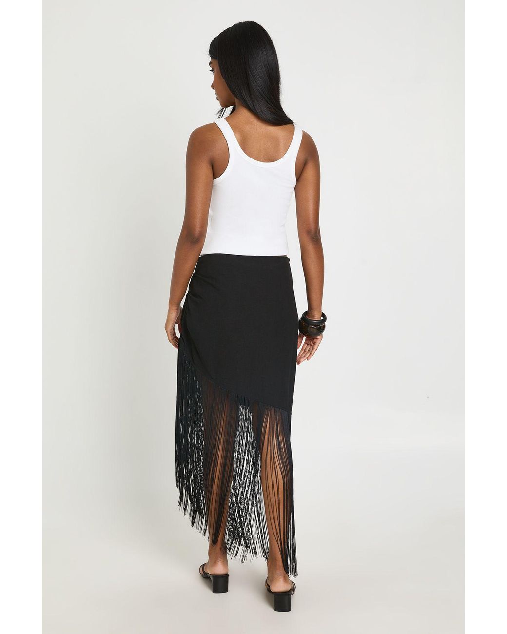 Boohoo White Linen Tassle Trim Asymmetric Skirt