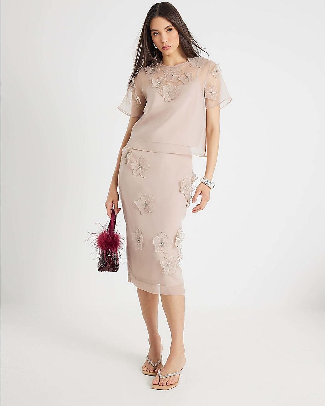 River Island Natural Midi Skirt Organza Flower