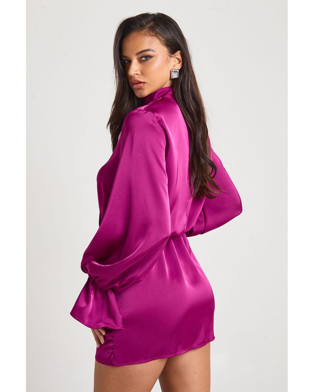 Boohoo Pink Satin Blouson Wrap Dress