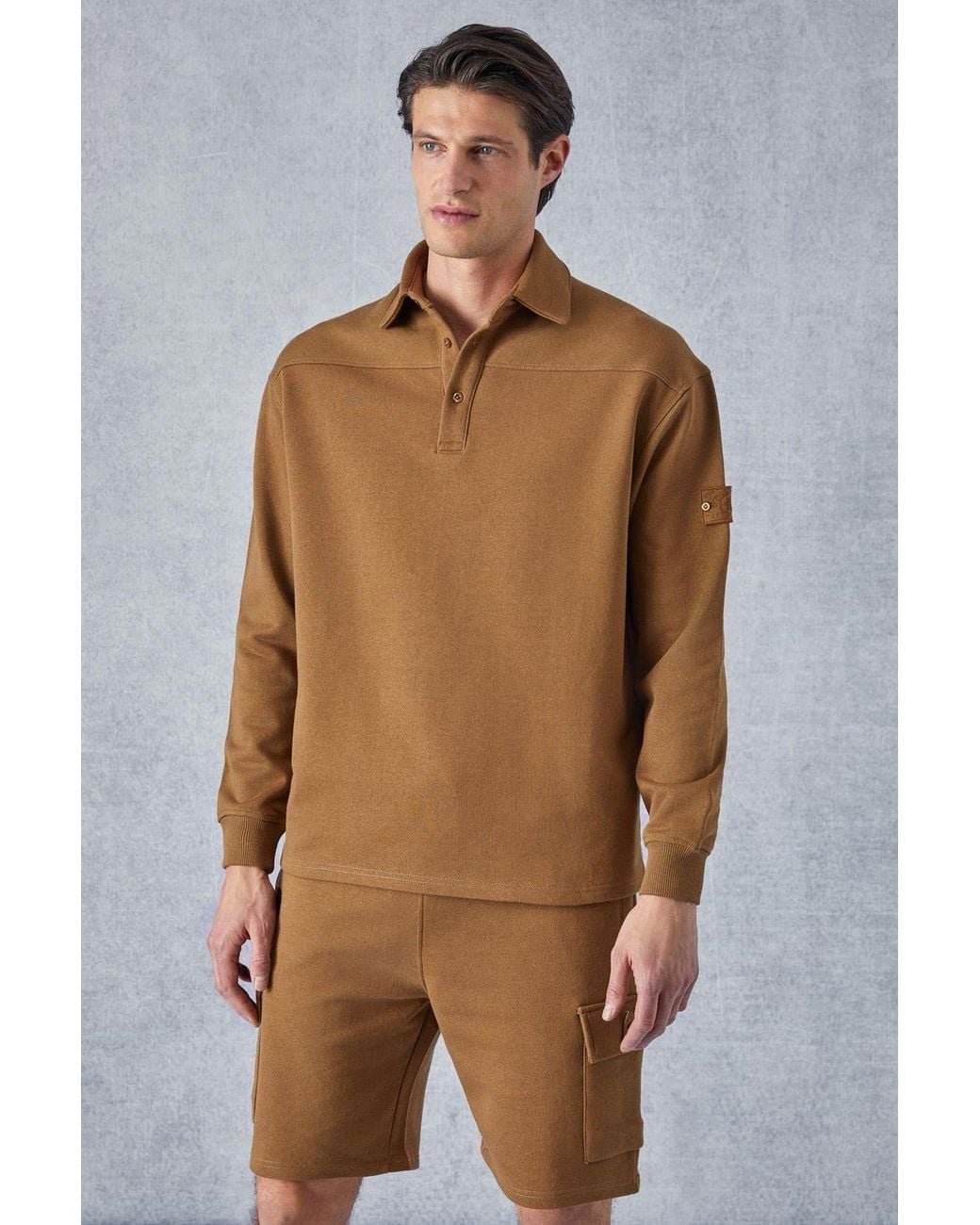 Grimelange Brown Polo Collar Button Sweatshirt for men