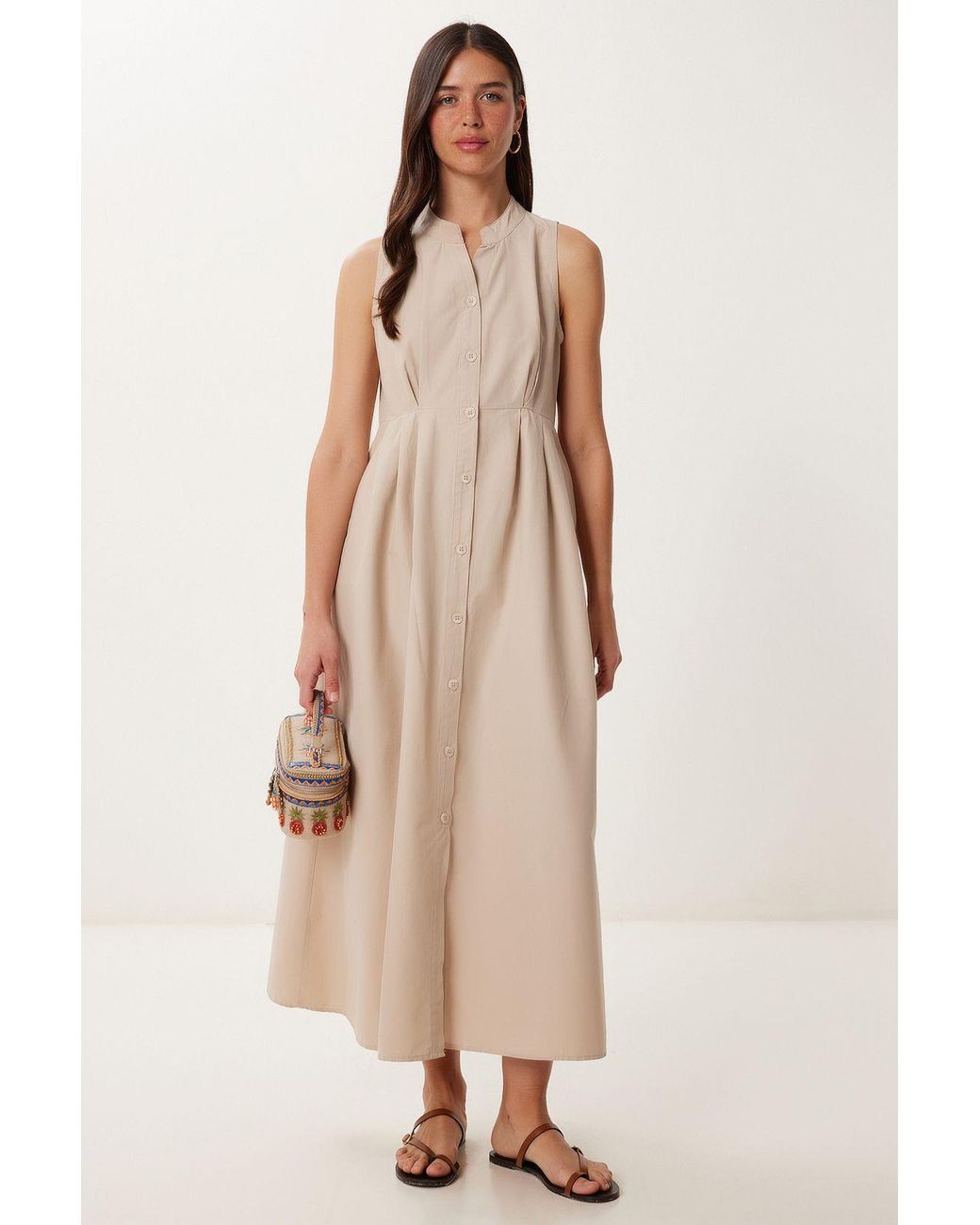 Happiness İstanbul Natural Mandarin Collar Sleeveless A-Line Midi Dress