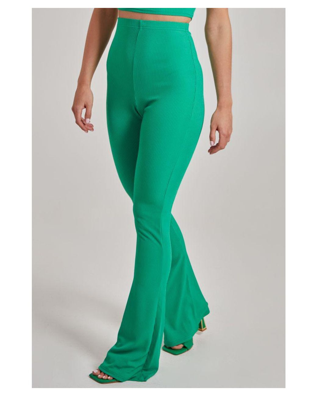 Pink Vanilla Green Ribbed Flare Trousers