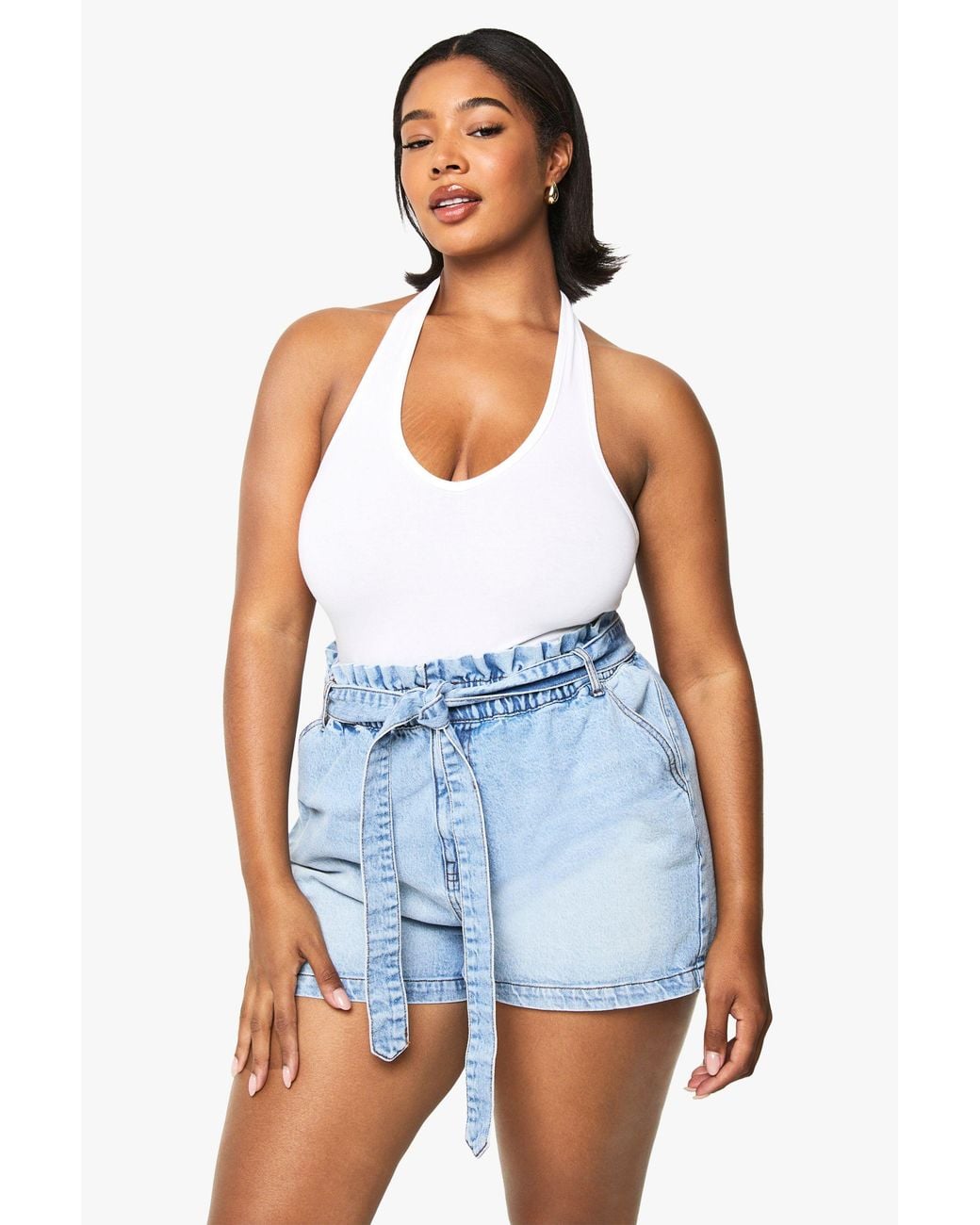 Boohoo Blue Plus Paperbag Waist Denim Short