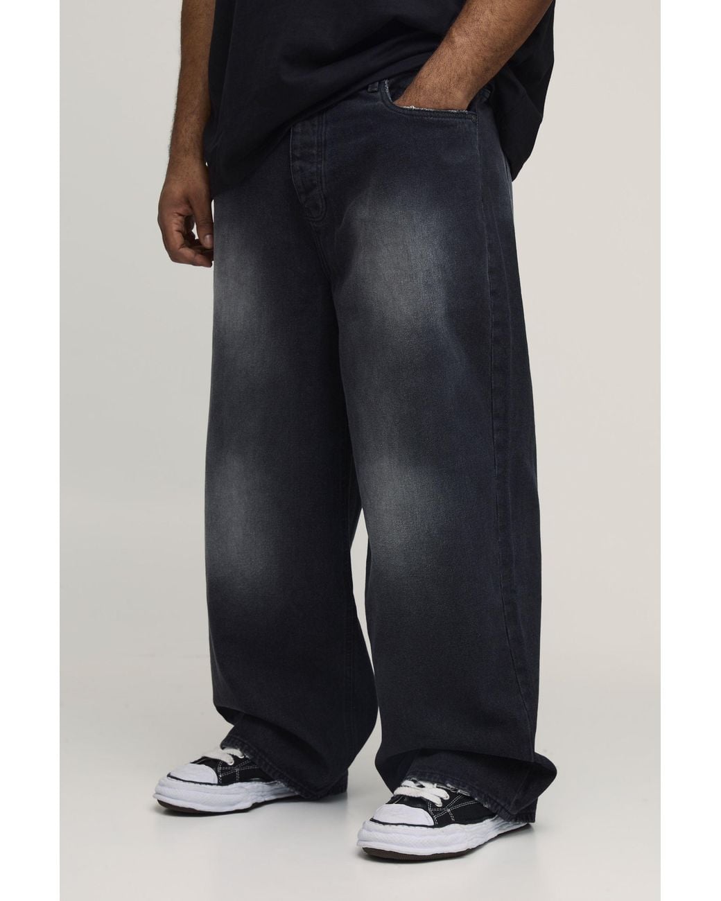 BoohooMAN Black Plus Tinted Washed Relaxed Fit Distressed Jeans for men