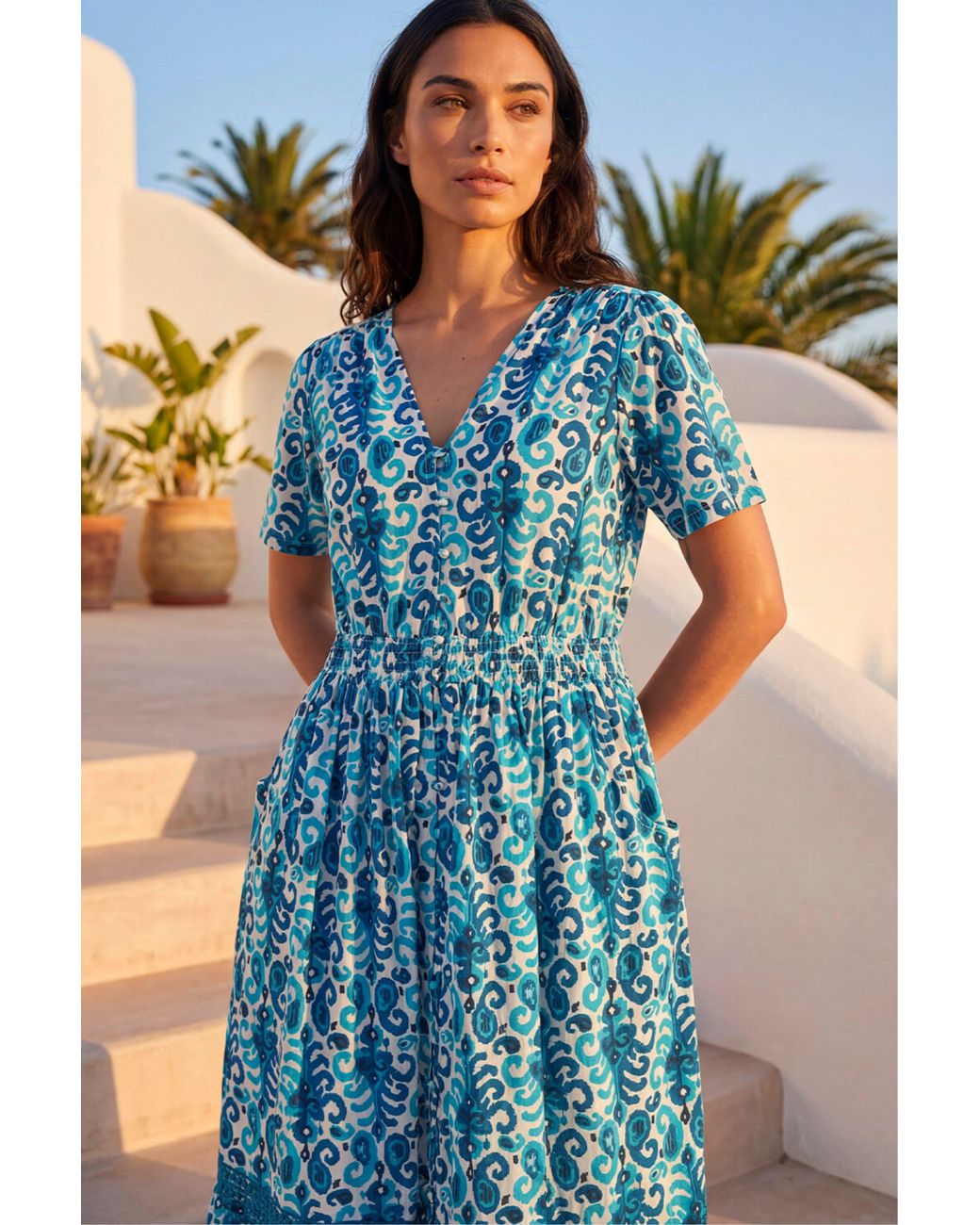 Roman Blue Petite Aztec Print Button Midi Dress