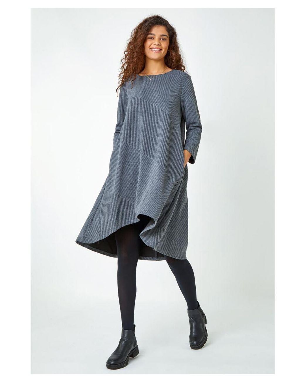 Roman Blue Ribbed Asymmetric Stretch Dress