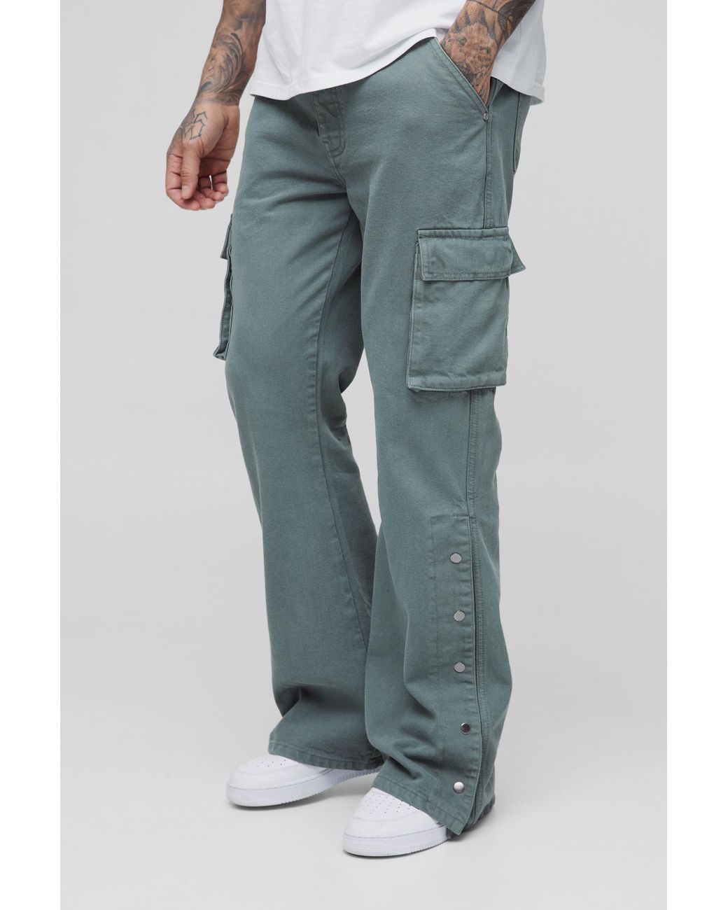 BoohooMAN Blue Tall Relaxed Flare Overdye Popper Hem Cargo Trouser for men