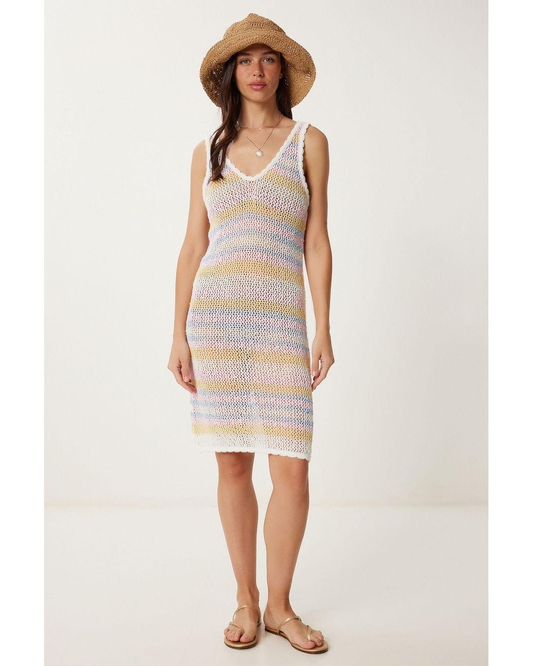 Happiness İstanbul Yellow Striped V-Neck Bodycon Knit Dress