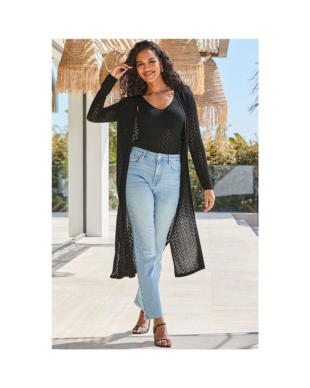 Sosandar Green Chevron Knit Pointelle Cardigan