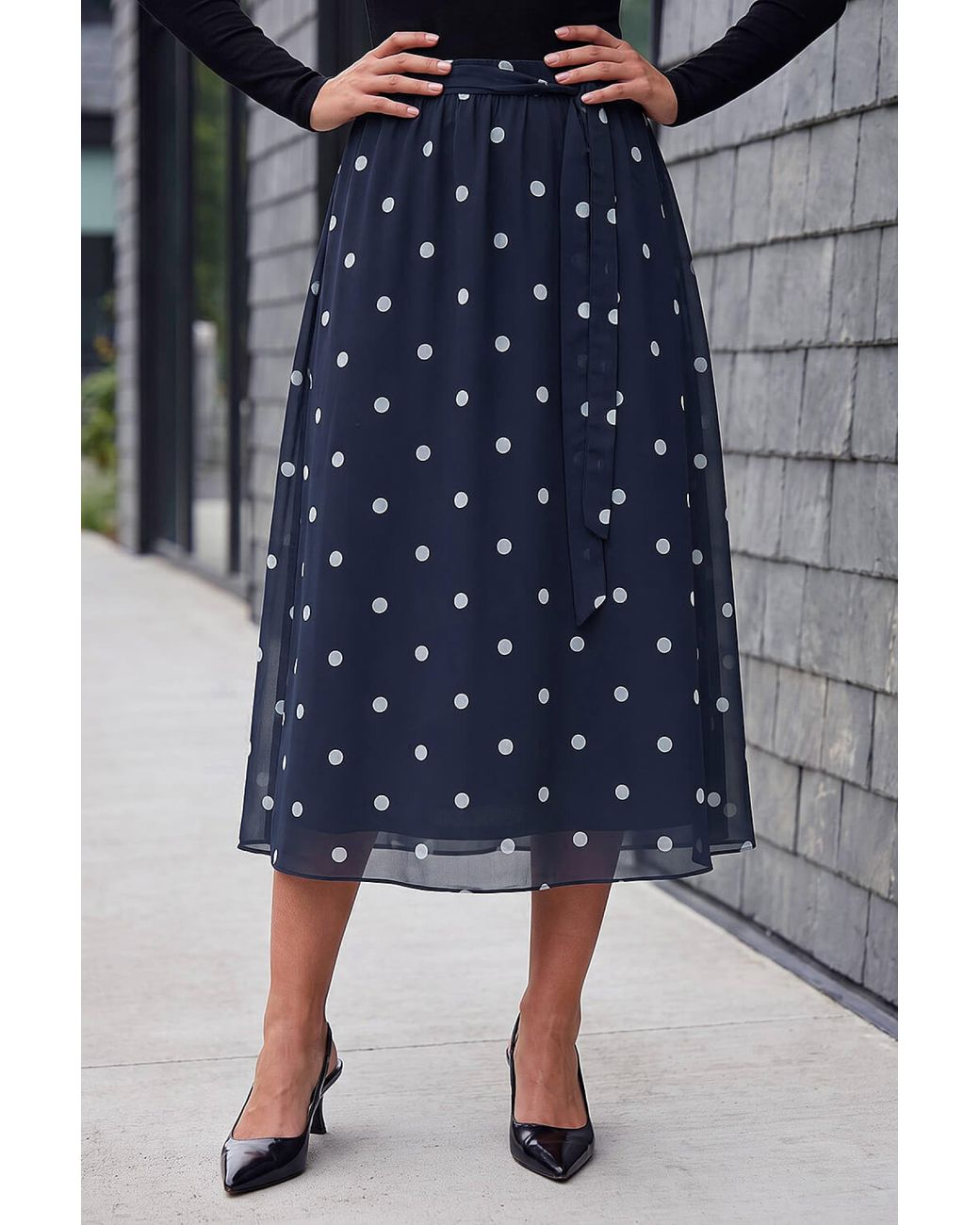 Roman Blue Polka Dot A-Line Belted Skirt