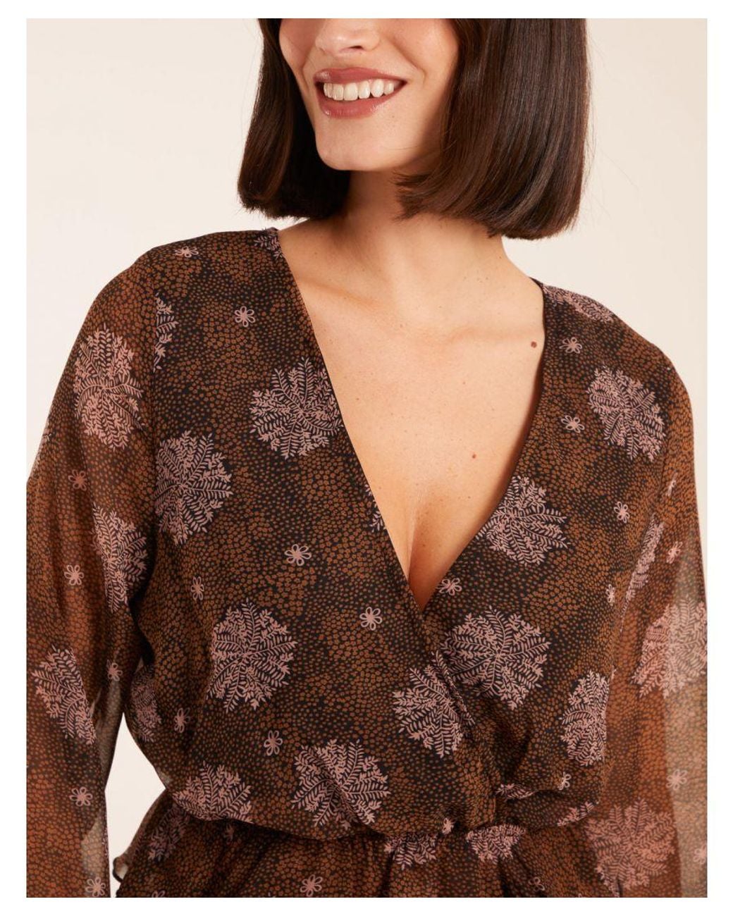 Blue Vanilla Brown Floral Ruffle Wrap Blouse