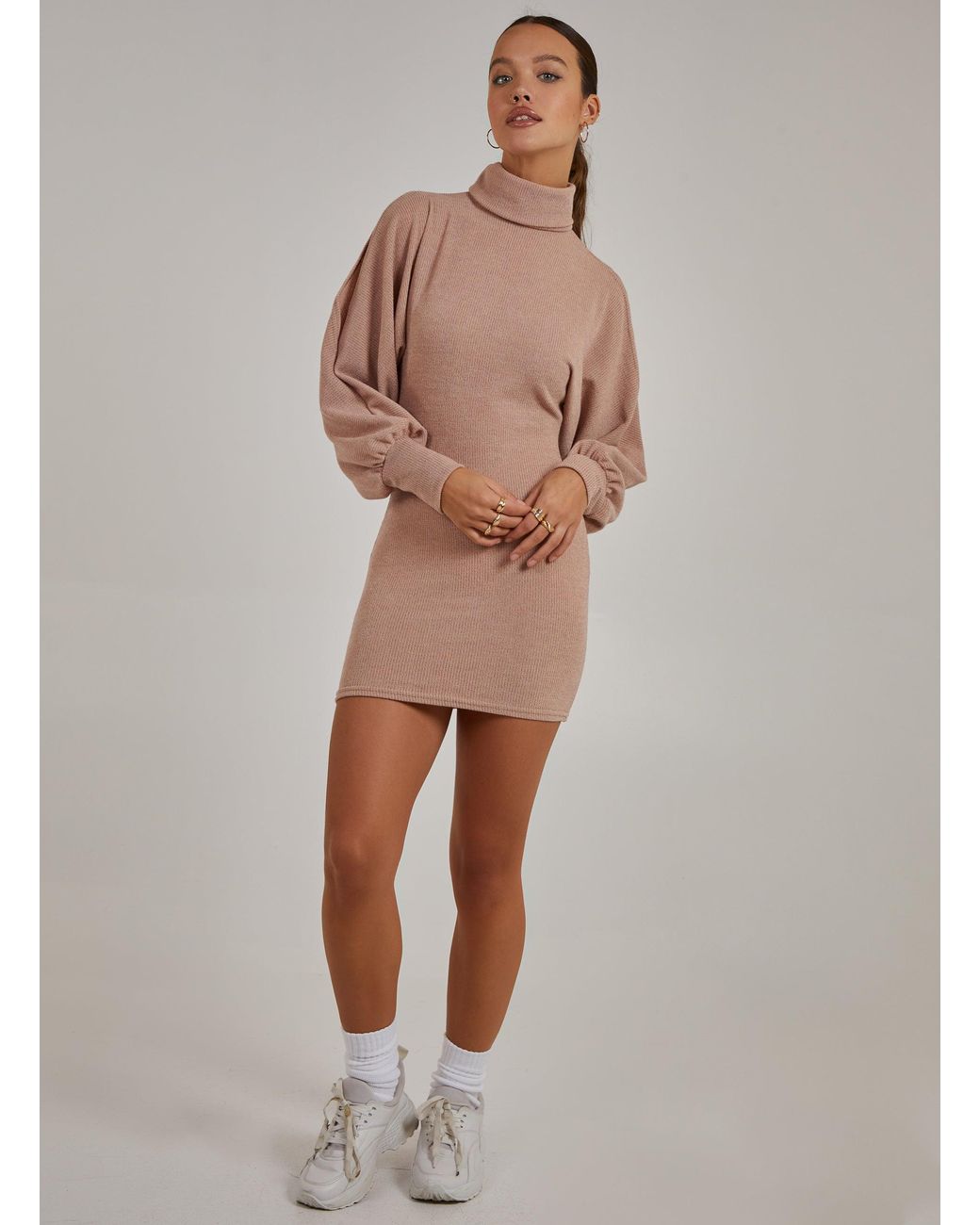 Pink Vanilla Multicolor Cold Shoulder High Neck Brushed Ribbed Dress
