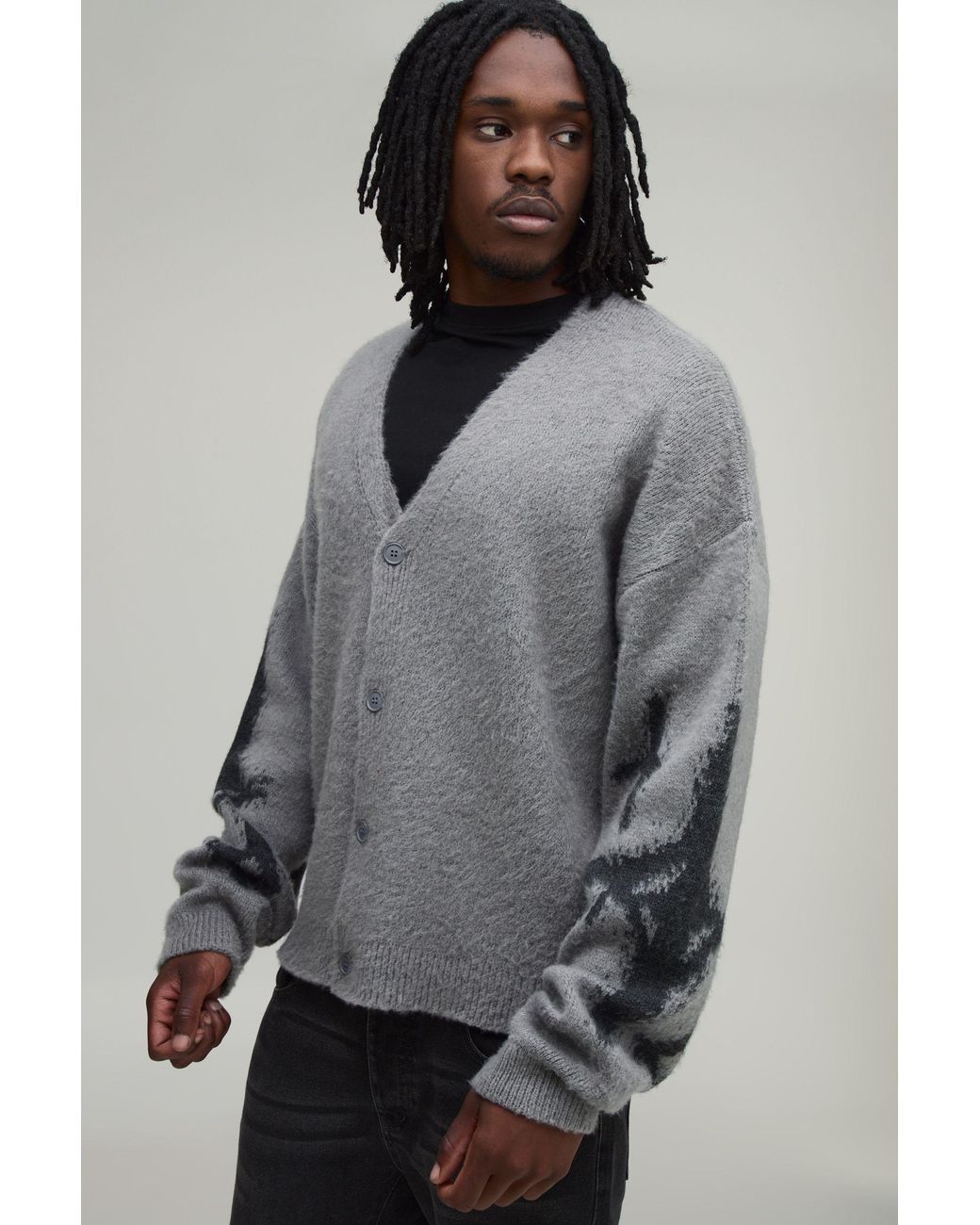 BoohooMAN Gray Tall Relaxed Boxy Brushed Stars Knitted Cardigan for men