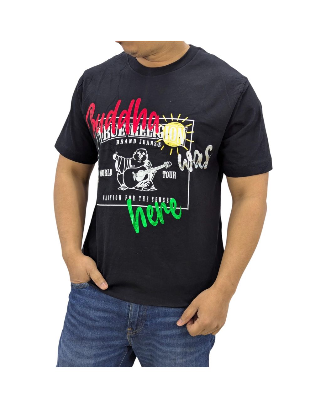 True Religion Black 108430 T Shirts Crew Neck Short Sleeve Buddha Was Here Tee for men